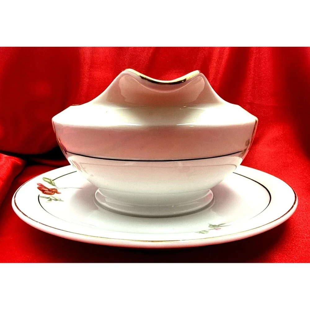 VTG TK Thuny Gravy Boat/Saucer Set~Etonia-Floral w/ Gold Trim~Czechoslovakia